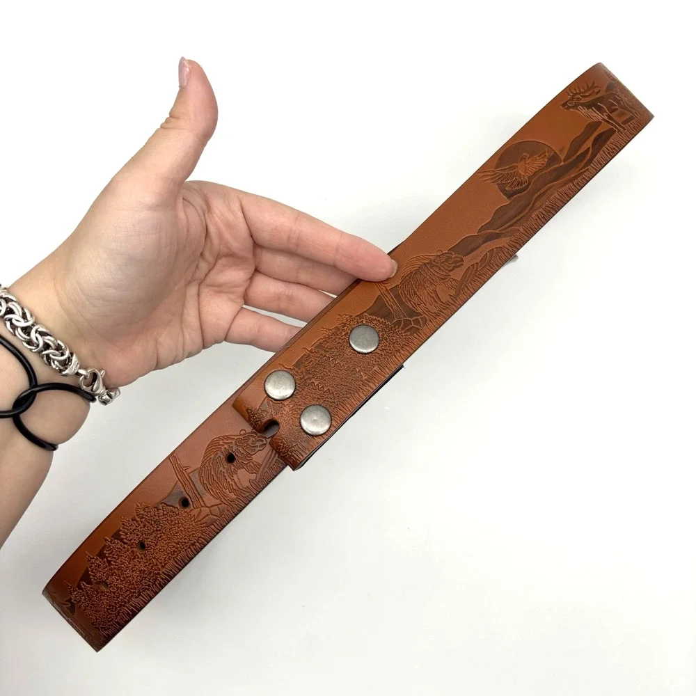 NEW Brown Faux Leather Woodland Animals Scene Tooled Western Belt 31-39